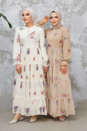 Modest Beige Floral Maxi Dress 32816BEJ - 3