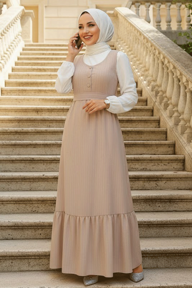 Modest Beige Gilet Dress 70501BEJ - 1