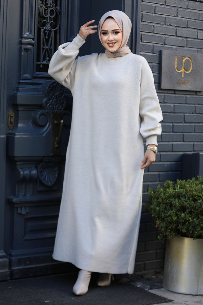 Modest Beige Knitwear Dress 30141BEJ - 2