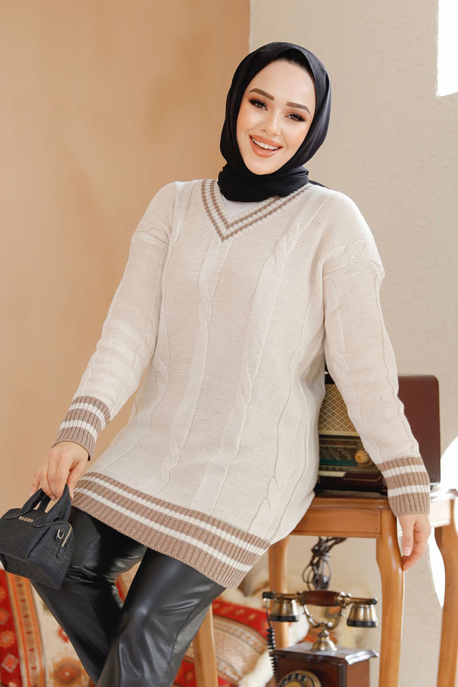 Modest Beige Knitwear Jumper Top 40673BEJ - 1