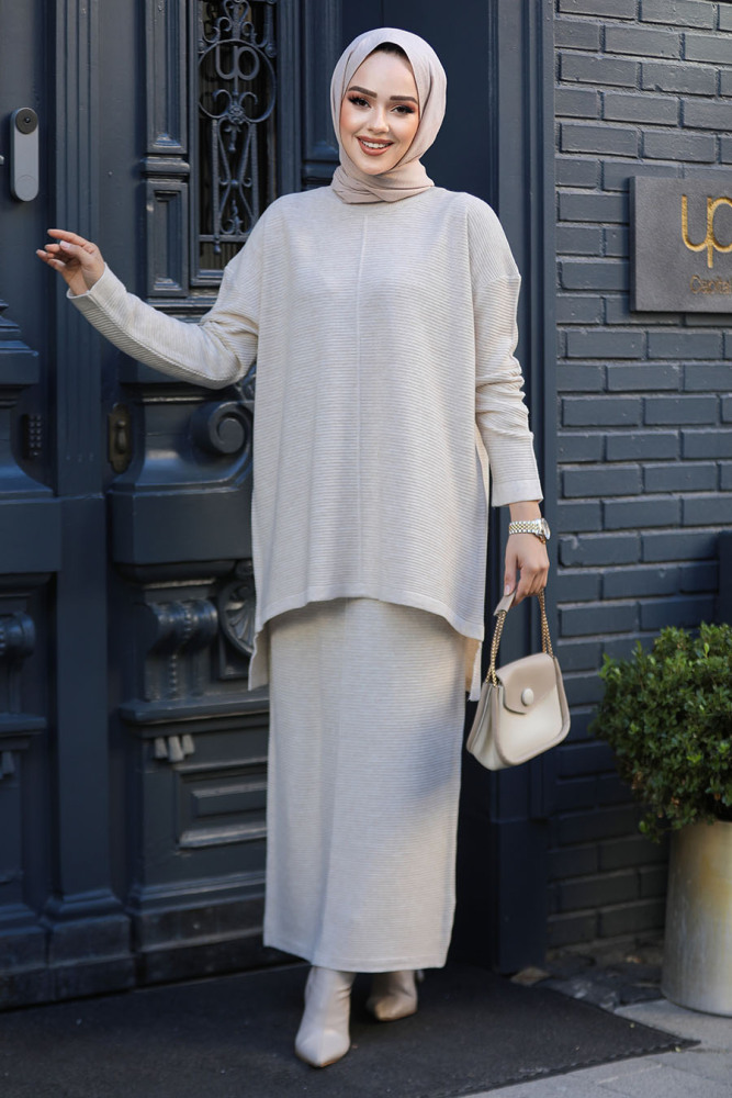 Modest Beige Knitwear Skirted Dual Suit 32921BEJ - 1