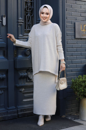 Modest Beige Knitwear Skirted Dual Suit 32921BEJ - 2