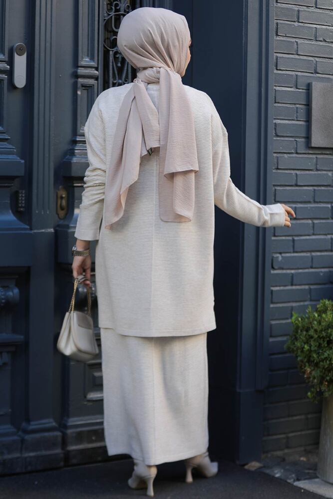 Modest Beige Knitwear Skirted Dual Suit 32921BEJ - 3
