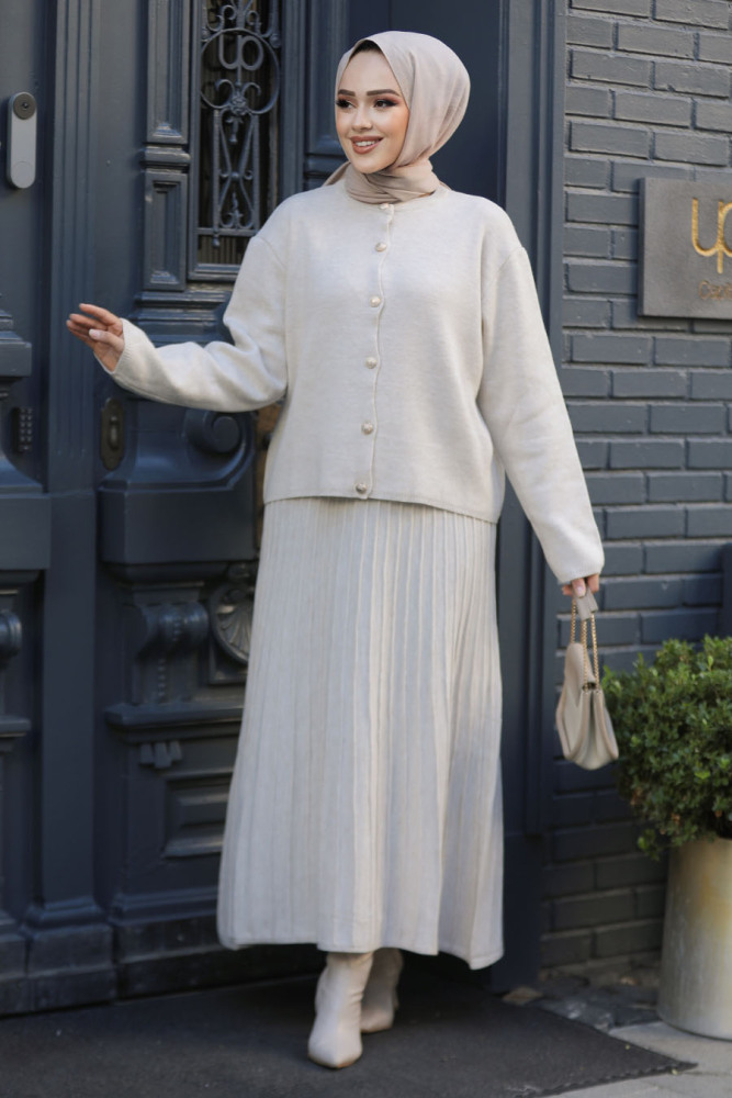 Modest Beige Knitwear Skirted Dual Suit 40013BEJ - 2
