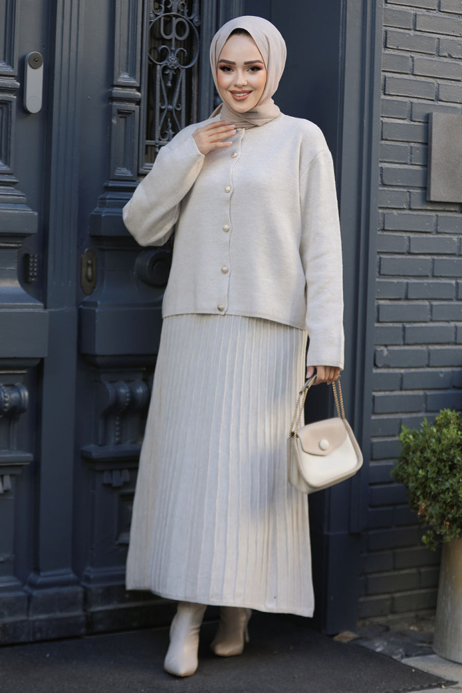 Modest Beige Knitwear Skirted Dual Suit 40013BEJ - 1