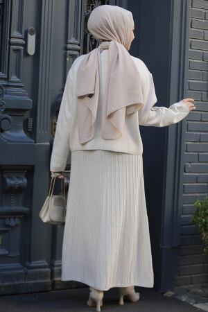Modest Beige Knitwear Skirted Dual Suit 40013BEJ - 3