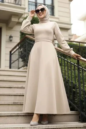 Modest Beige Long Dress 23631BEJ 