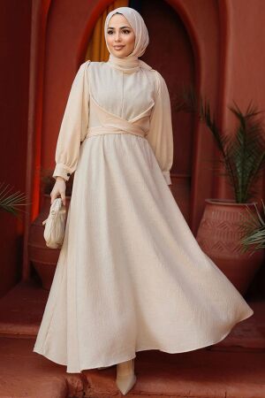 Modest Beige Long Dress 3034BEJ - 3
