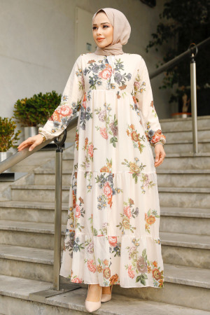 Modest Beige Long Floral Dress 22052BEJ - 3