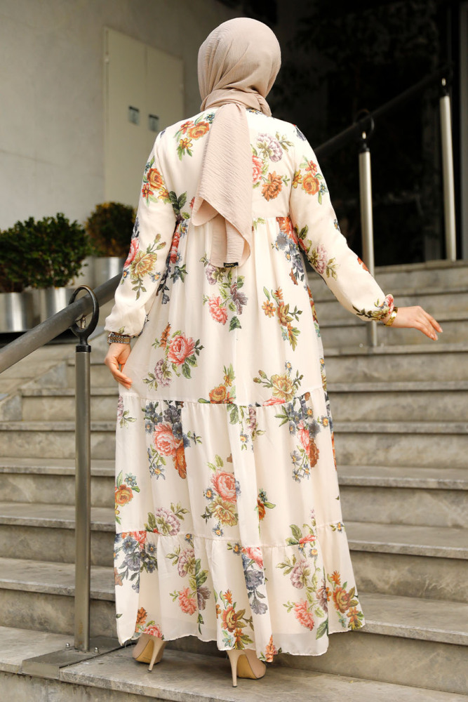Modest Beige Long Floral Dress 22052BEJ - 4
