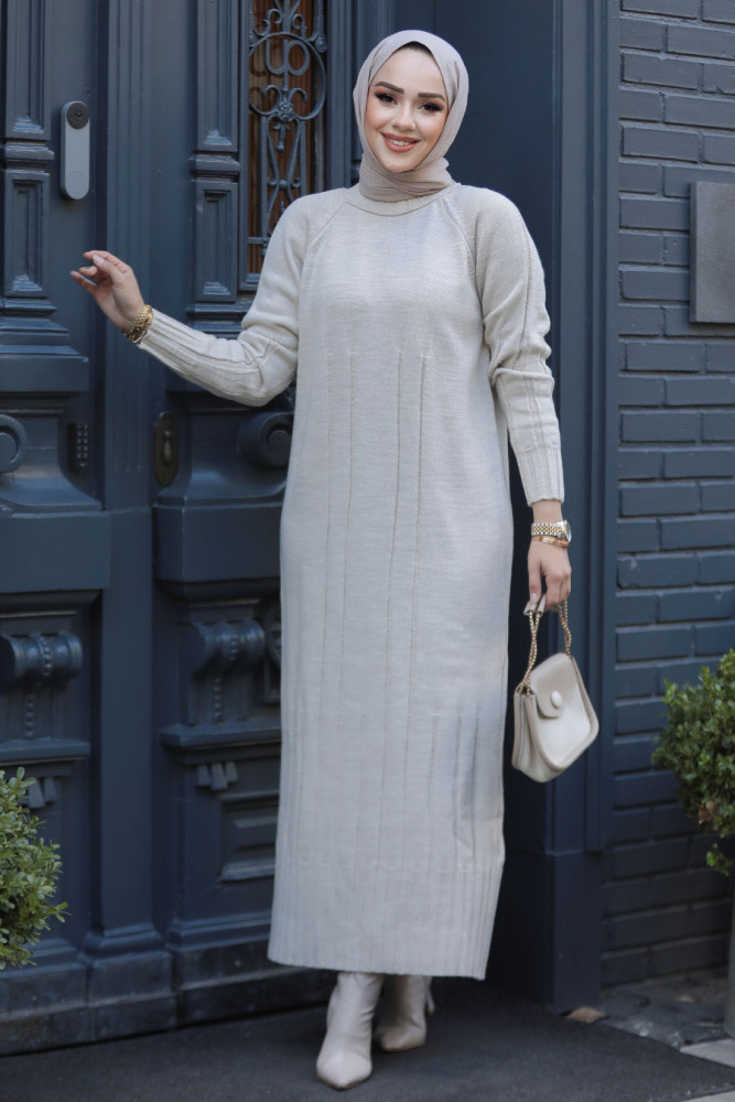 Modest Beige Long Knitwear Dress 31230BEJ - 2