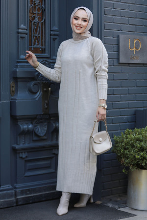 Modest Beige Long Knitwear Dress 31230BEJ - 3