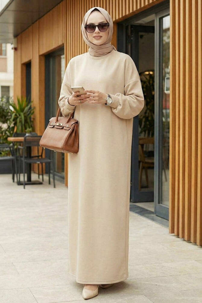 Modest Beige Long Sleeve Dress 23641BEJ - 1