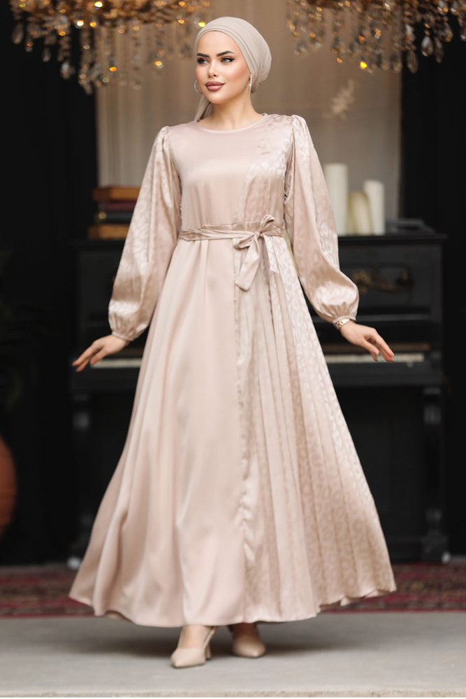 Modest Beige Long Sleeve Dress 30381BEJ - 2