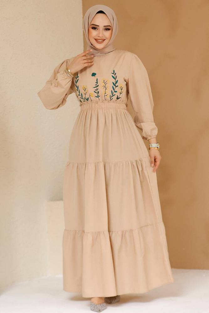 Modest Beige Maxi Dress 7063BEJ - 1