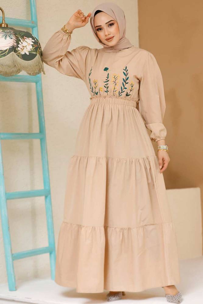 Modest Beige Maxi Dress 7063BEJ - 2