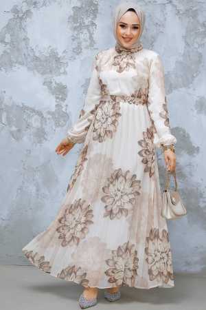 Modest Beige Pleated Floral Dress 344603BEJ - 1