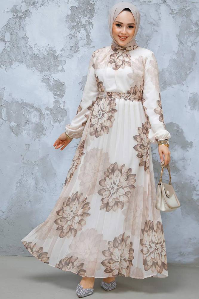 Modest Beige Pleated Floral Dress 344603BEJ - 1
