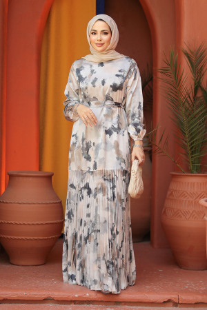 Modest Beige Pleated Maxi Dress 4539BEJ - 2