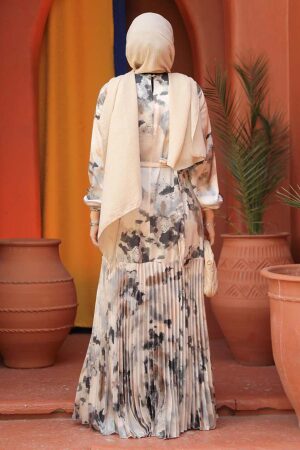 Modest Beige Pleated Maxi Dress 4539BEJ - 4
