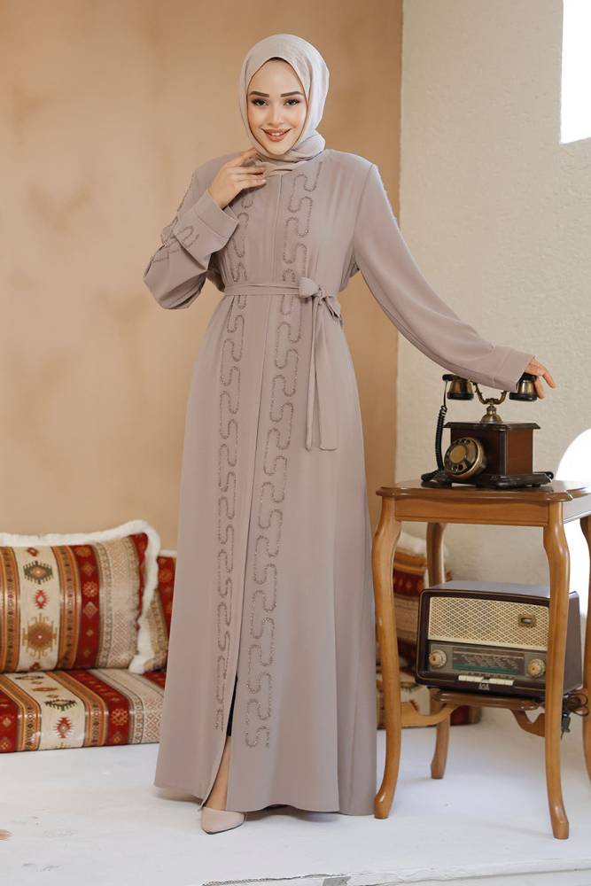 Modest Beige Plus Size Dubai Abaya 29118BEJ - 3