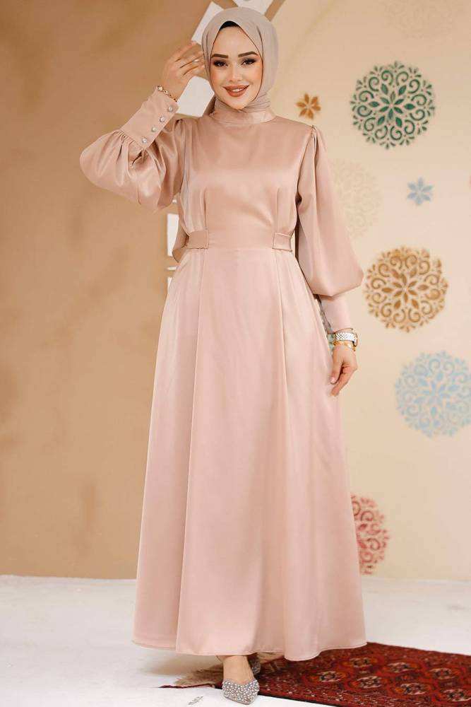 Modest Beige Satin Evening Dress 61651BEJ - 1