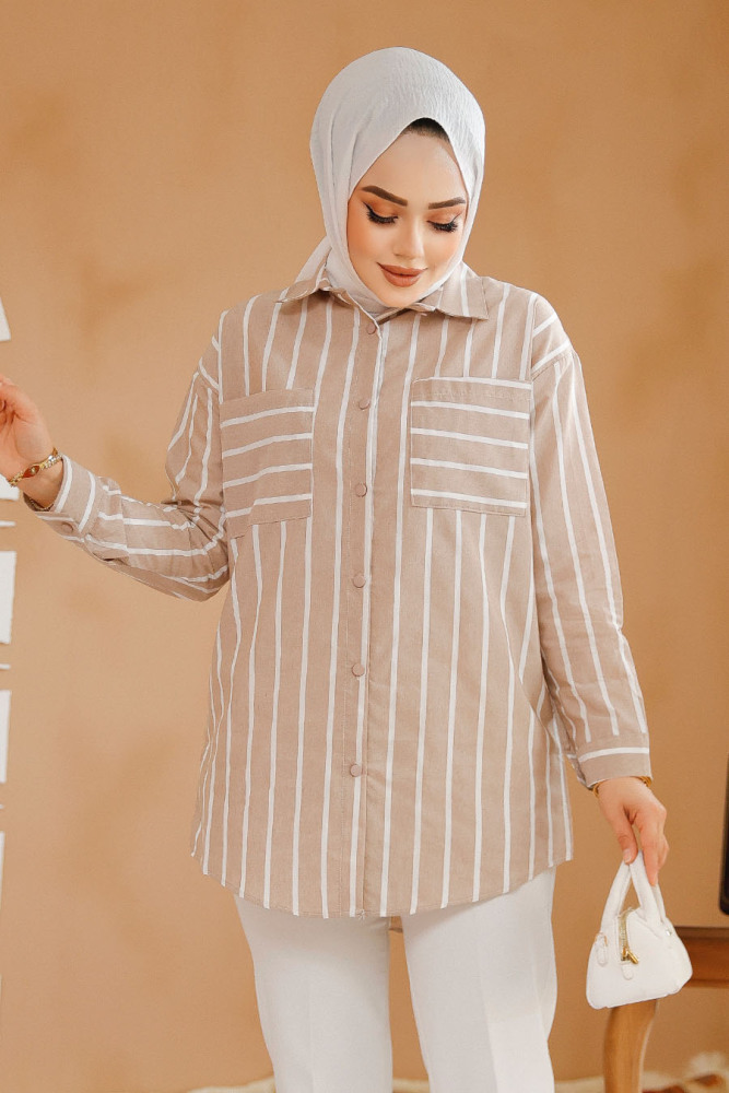 Modest Beige Shirt Tunic 70741BEJ - 3