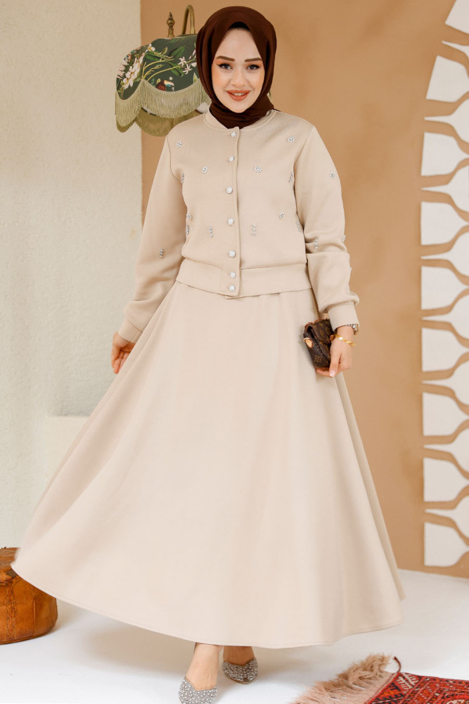Modest Beige Skirted Dual Suit 1277BEJ - 1