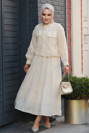 Modest Beige Skirted Dual Suit 14171BEJ - 1