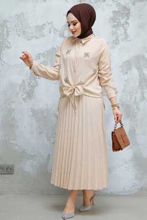 Modest Beige Skirted Dual Suit 60062BEJ - 2