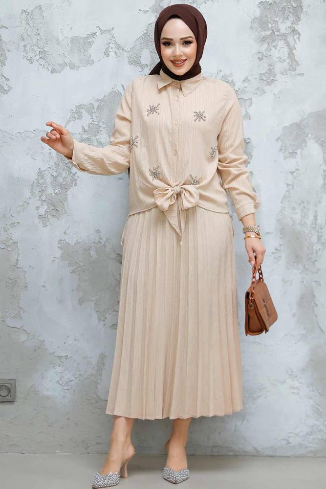 Modest Beige Skirted Dual Suit 60062BEJ - 3