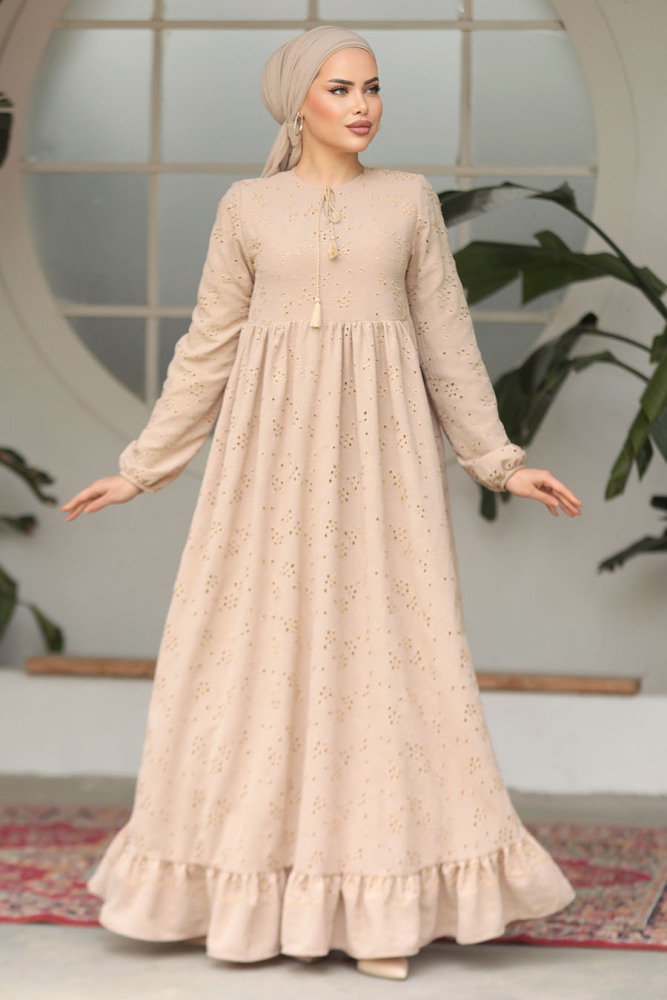 Modest Beige Summer Dress 23201BEJ - 3