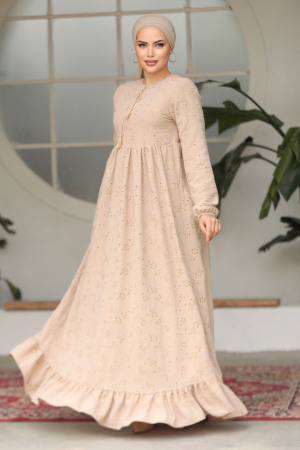 Modest Beige Summer Dress 23201BEJ - 4