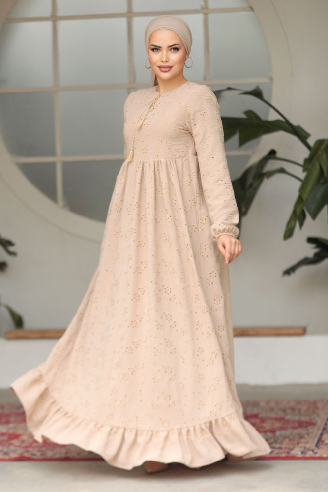Modest Beige Summer Dress 23201BEJ - 4