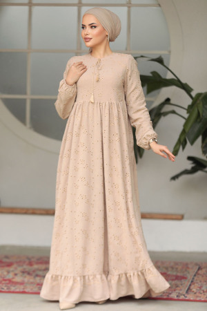 Modest Beige Summer Dress 23201BEJ - 5
