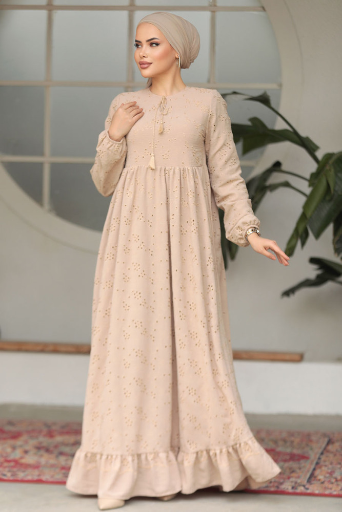 Modest Beige Summer Dress 23201BEJ - 5