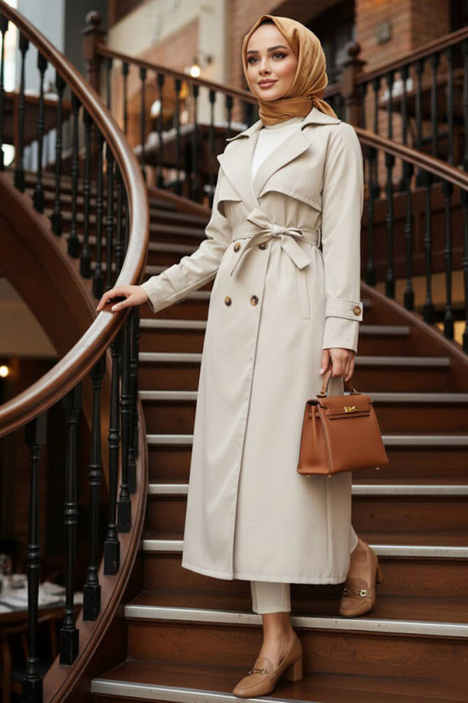 Modest Beige Trench Coat 6103BEJ - NEVA STYLE