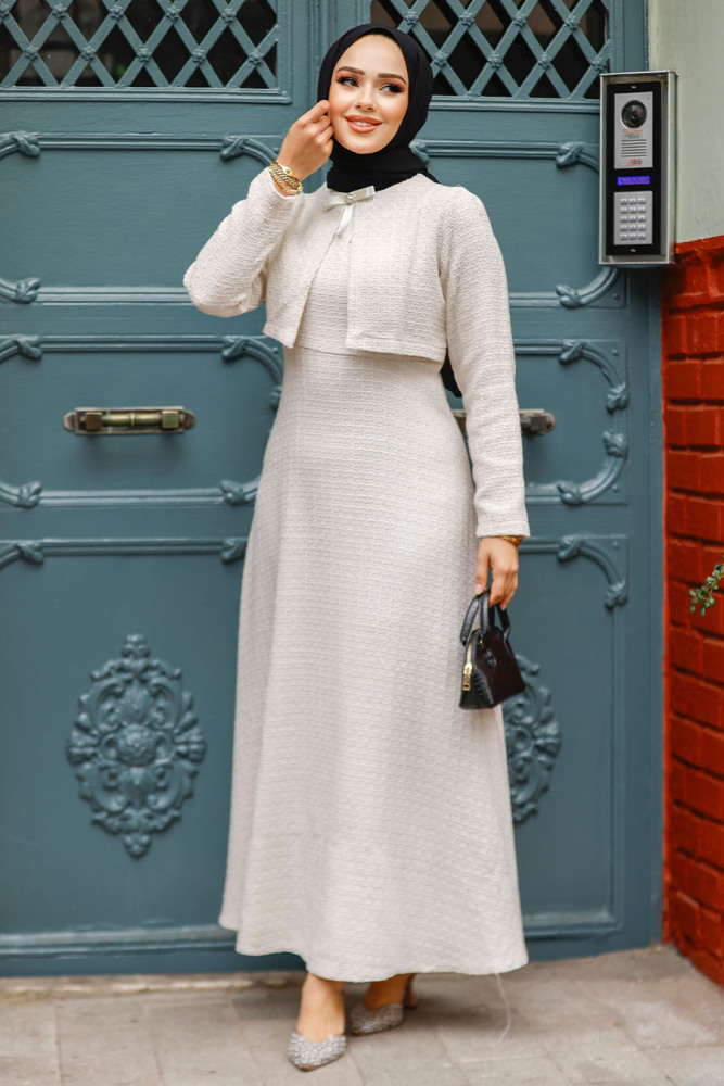 Modest Beige Tweed Dress 61481BEJ - 1