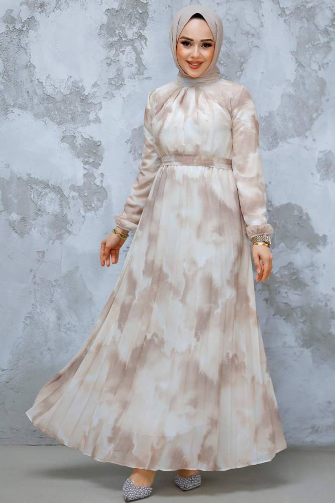 Modest Bej Chiffon Dress 34469BEJ - 1