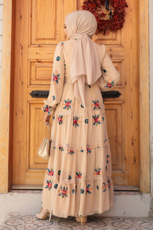 Modest Bej Floral Long Dress 45541BEJ - 4