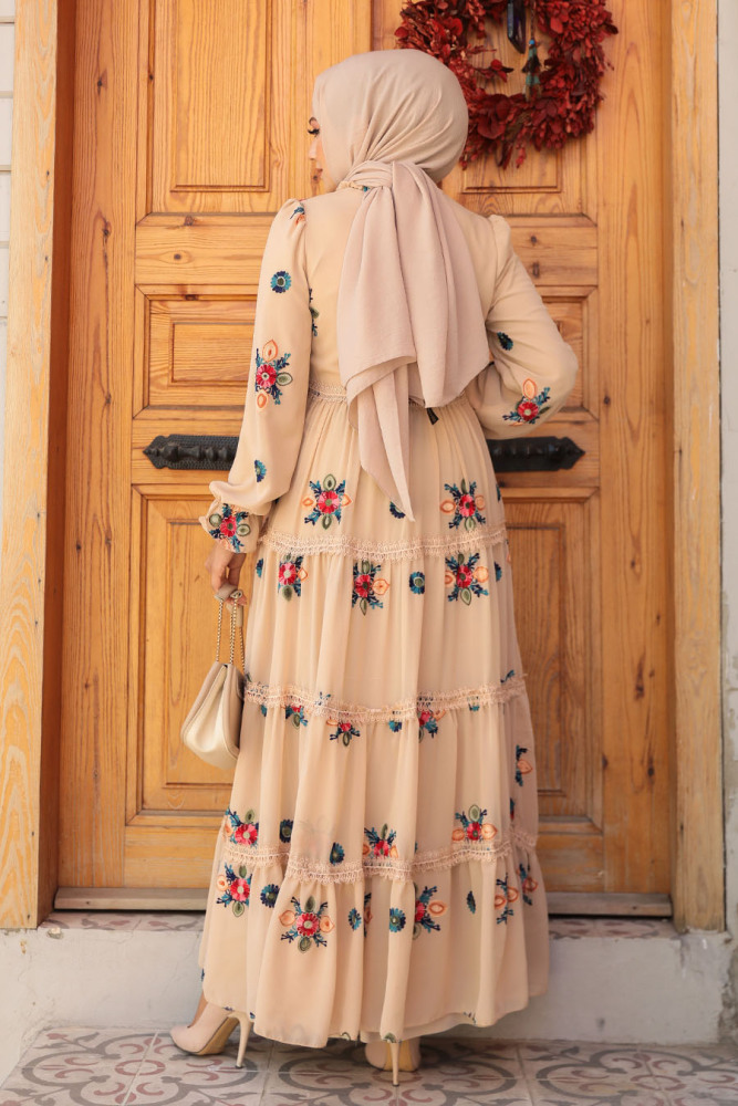 Modest Bej Floral Long Dress 45541BEJ - 4