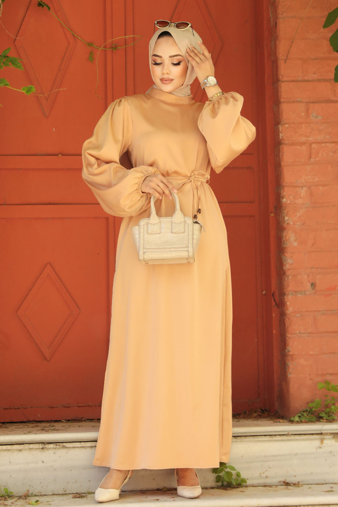 Modest Biscuit Long Satin Dress 30371BS - 1