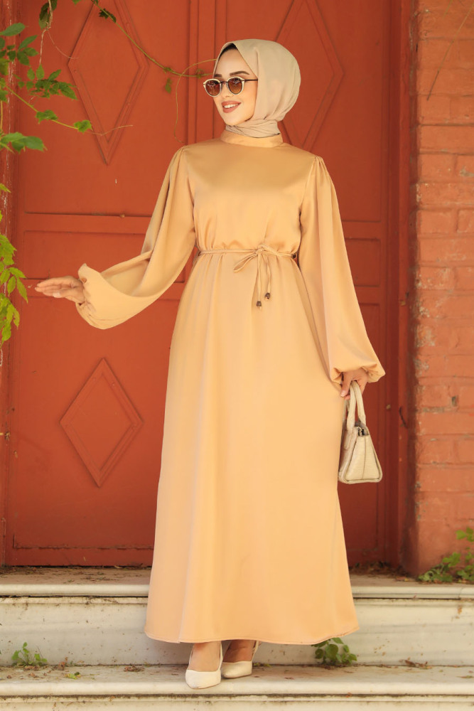 Modest Biscuit Long Satin Dress 30371BS - 3