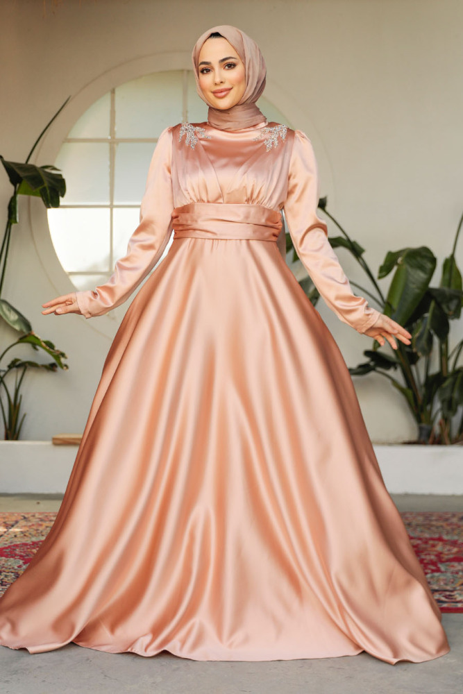 Modest Biscuit Satin Bridesmaid Dress 25880BS - 1