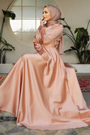 Modest Biscuit Satin Bridesmaid Dress 25880BS - 2