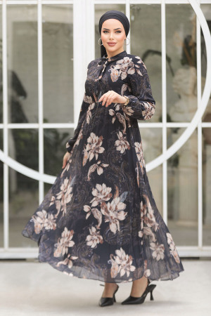 Modest Black Chiffon Floral Dresses 50355S - 2