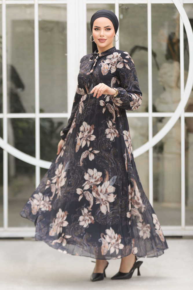 Modest Black Chiffon Floral Dresses 50355S - 2