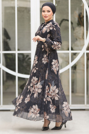 Modest Black Chiffon Floral Dresses 50355S - 3