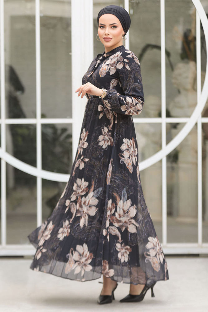 Modest Black Chiffon Floral Dresses 50355S - 3