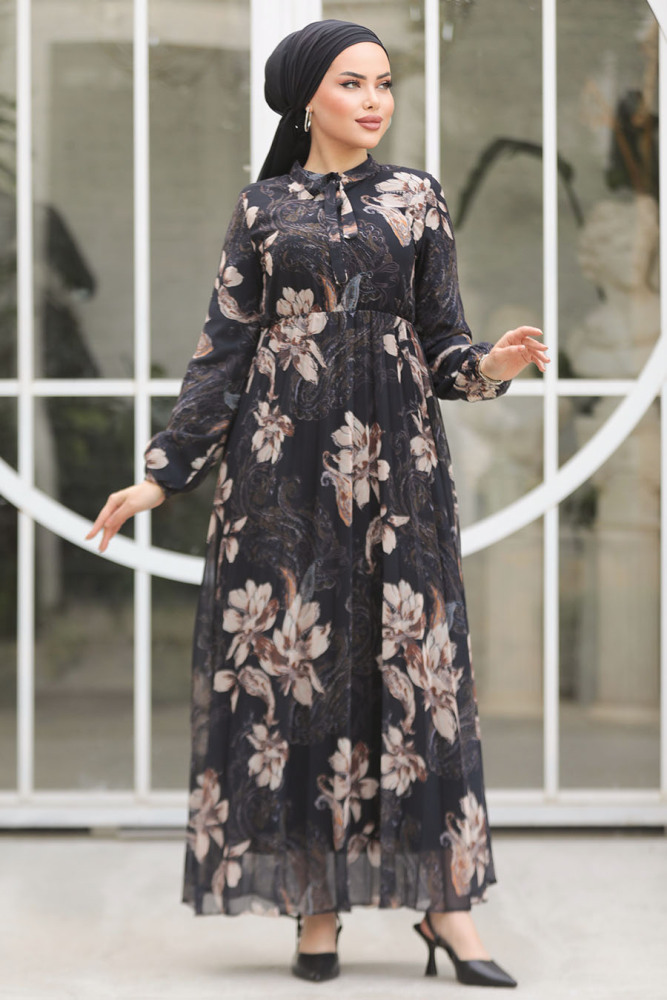 Modest Black Chiffon Floral Dresses 50355S - 4